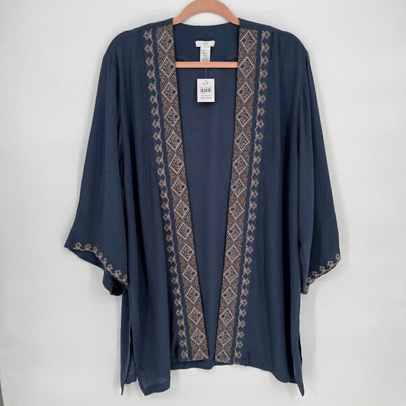 J.JILL EMBROIDERED CRINKLED KIMONO IN BLUE SMOKE LAGENLOOK MULTI  NWT - Picture 3 of 11
